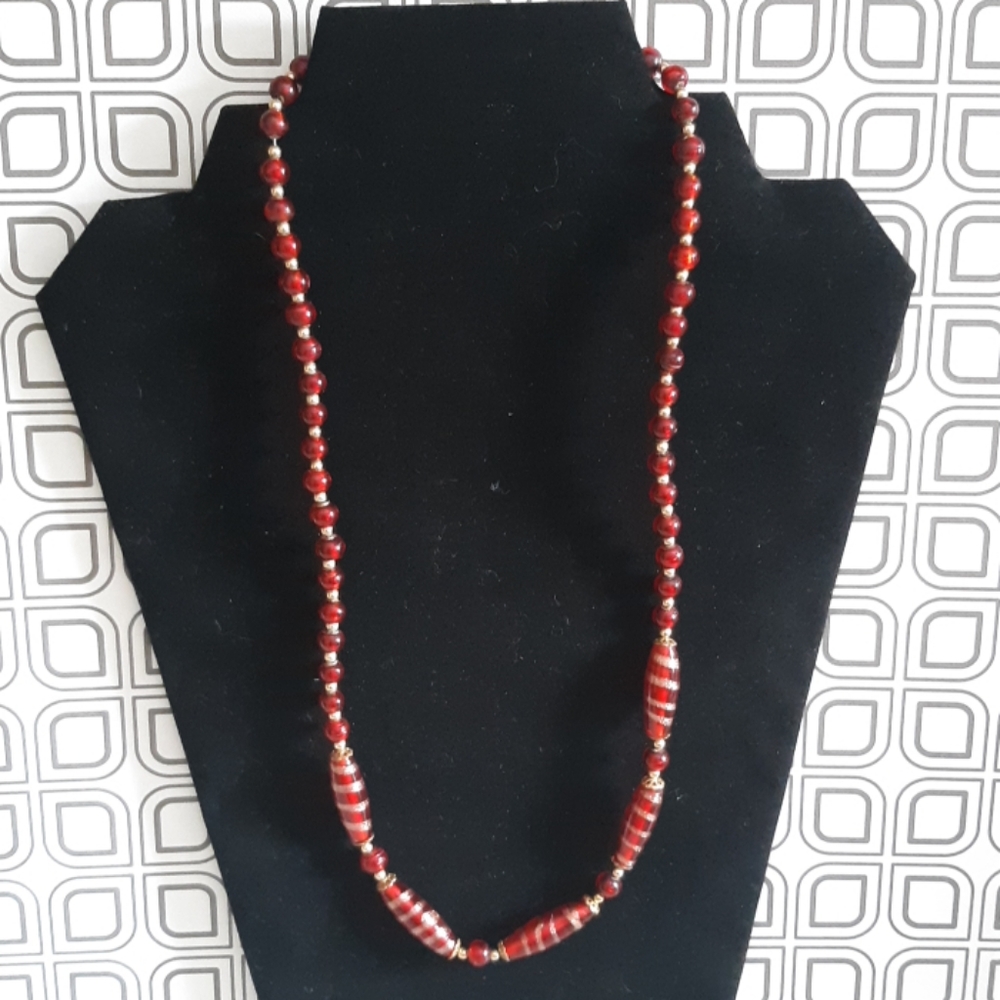 Red Glass and Gold Bead Necklace